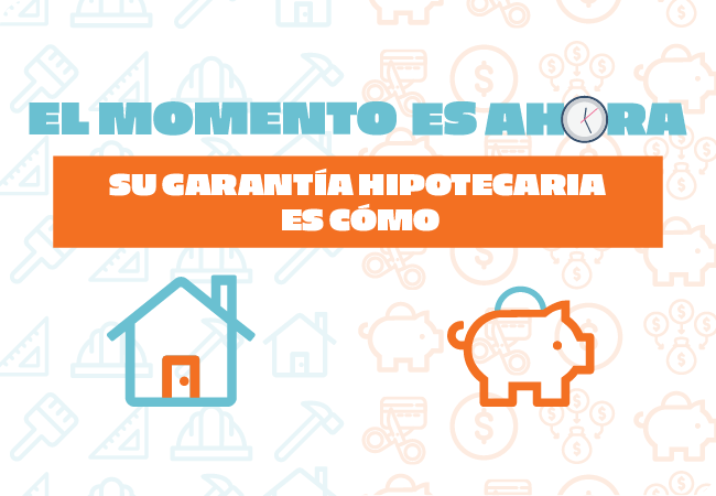 White background with orange and blue colored icons, font reads the time is now your homes equity is how. blue house icon and orange piggy bank icon in the foreground under the words